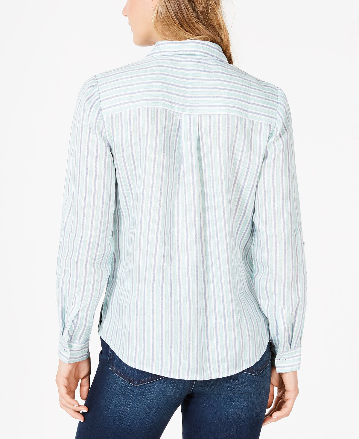 Camisa feminina listrada de linho Charter Club com punho, branca, tamanho XX-G