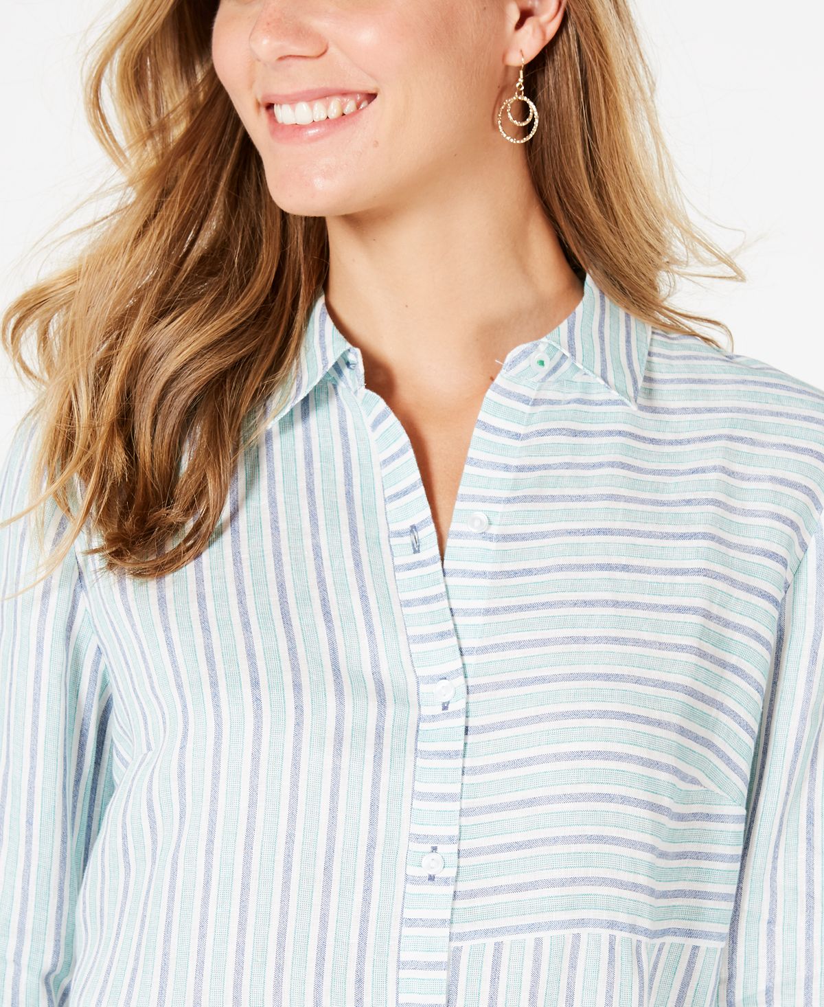 Camisa feminina listrada de linho Charter Club com punho, branca, tamanho XX-G