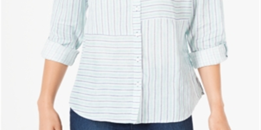 Camisa feminina listrada de linho Charter Club com punho, branca, tamanho XX-G