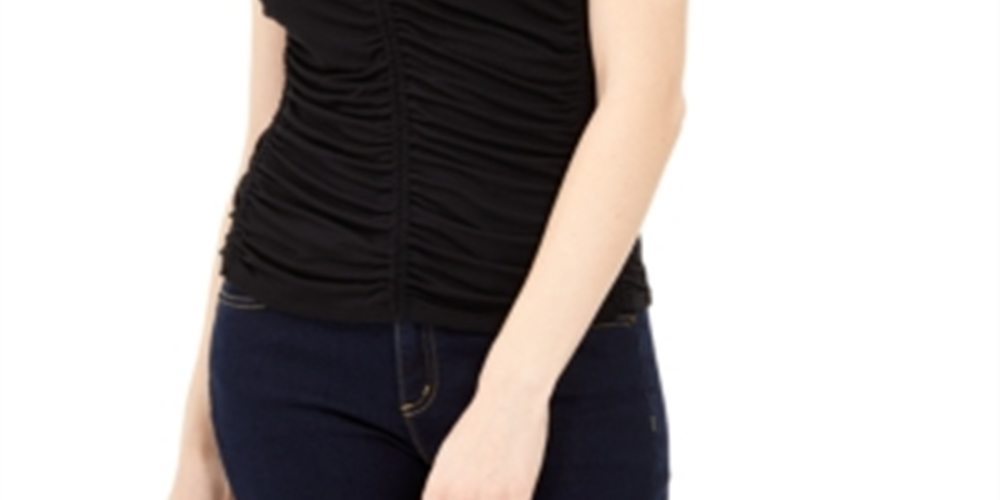 Camiseta feminina franzida INC International Concepts, preta, tamanho X-S