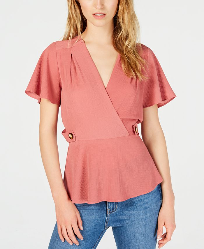 Top peplum com mangas esvoaçantes Monteau feminino, rosa, tamanho pequeno, extragrande