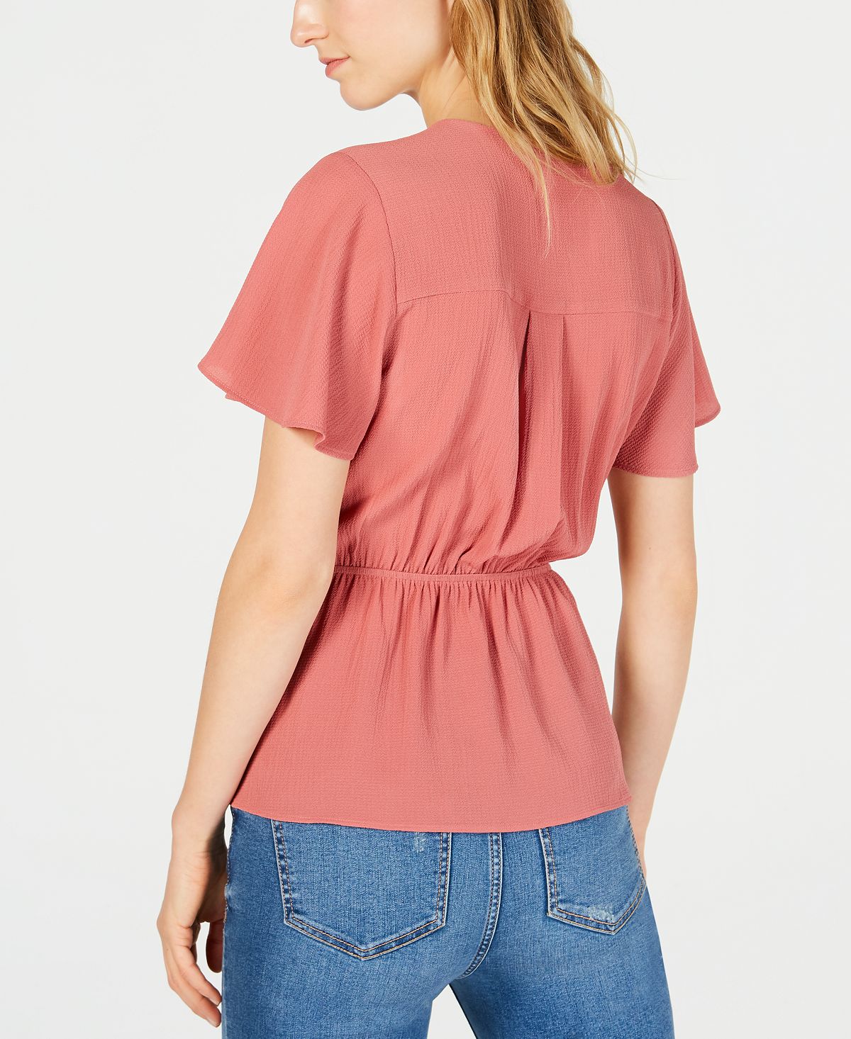 Top peplum com mangas esvoaçantes Monteau feminino, rosa, tamanho pequeno, extragrande