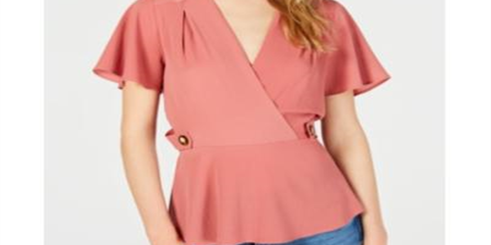 Top peplum com mangas esvoaçantes Monteau feminino, rosa, tamanho pequeno, extragrande