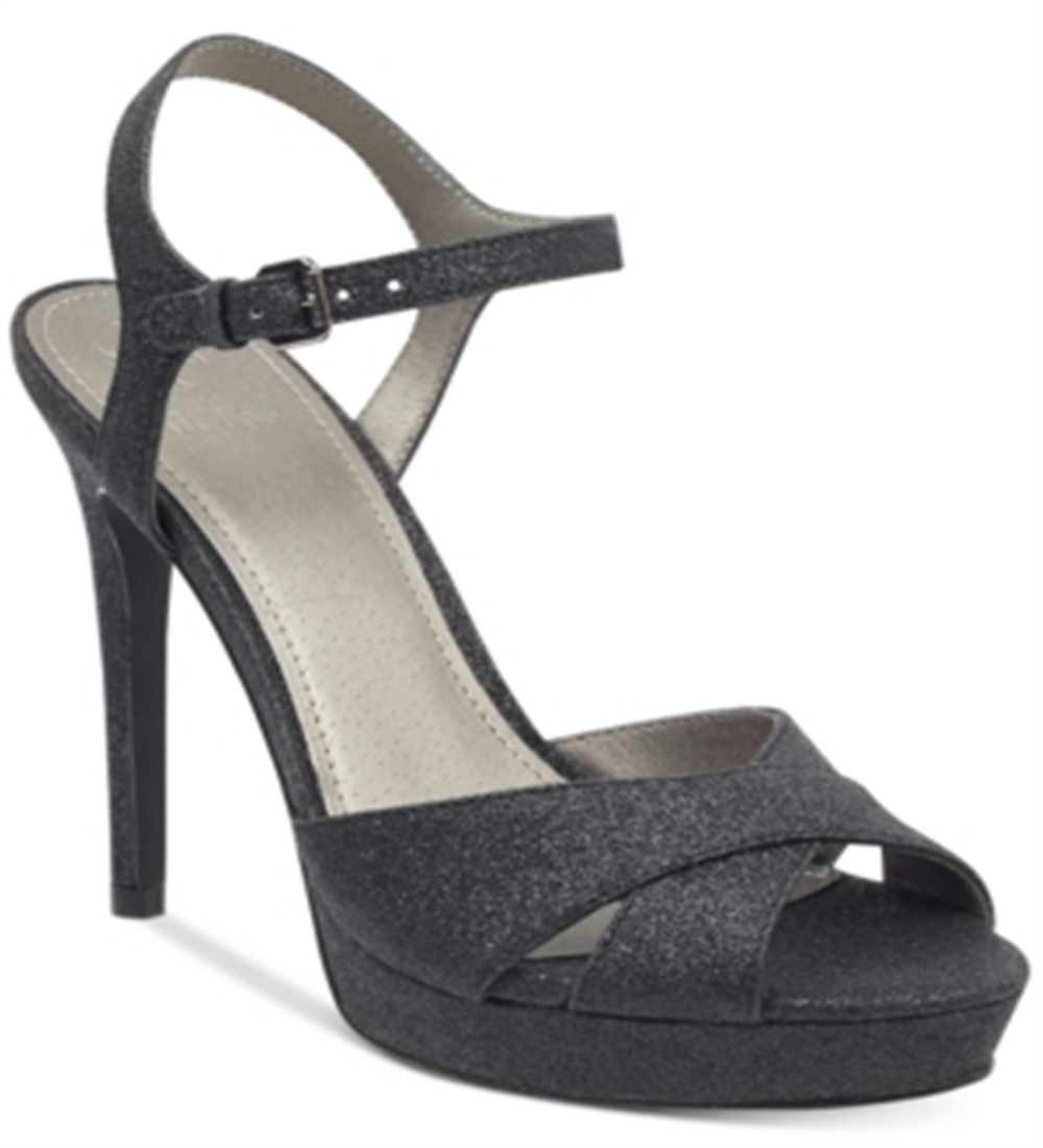 Sandálias femininas Guess Jordie com glitter metálico, pretas, tamanho 8,5
