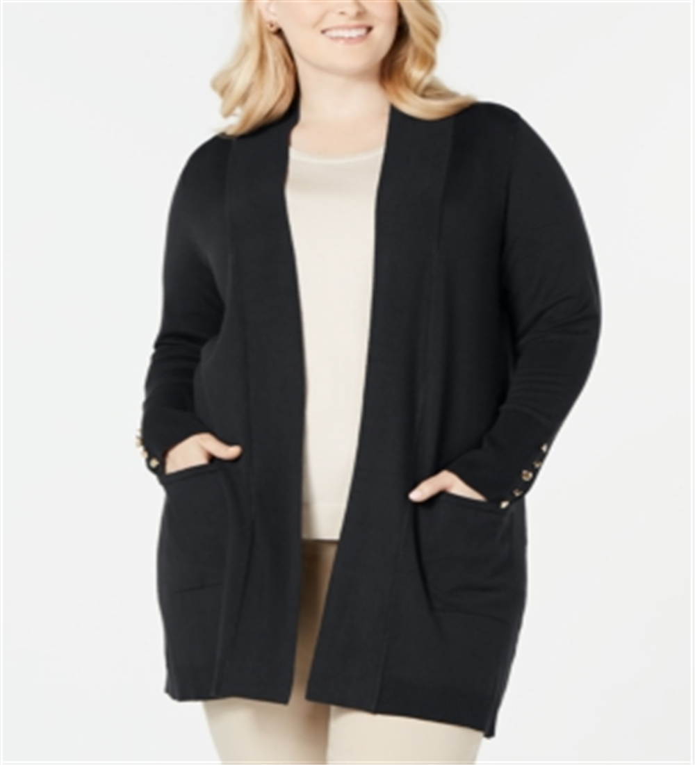 Cardigan feminino JM Collection com mangas curtas e botões, preto, tamanho 1X