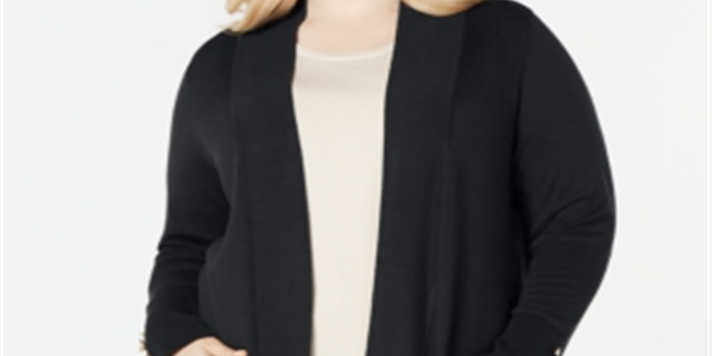 Cardigan feminino JM Collection com mangas curtas e botões, preto, tamanho 1X
