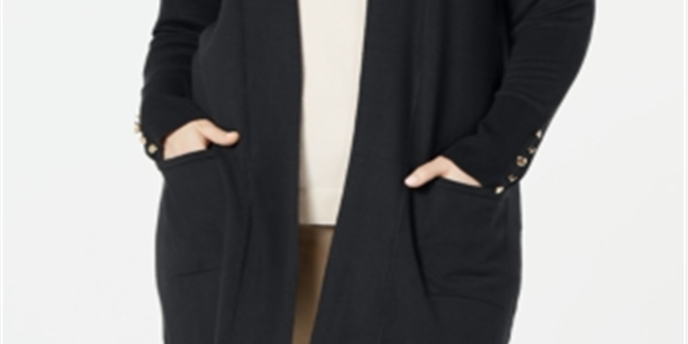 Cardigan feminino JM Collection com mangas curtas e botões, preto, tamanho 1X