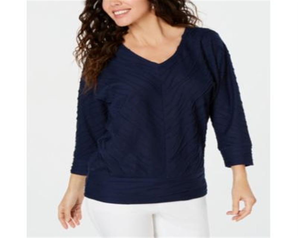 JM Collection Top Dolman Feminino Textura Ondulada Azul Tamanho Pequeno