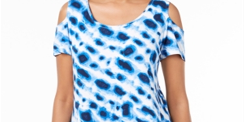 Blusa feminina estampada com ombros descobertos, azul, tamanho grande, da coleção JM
