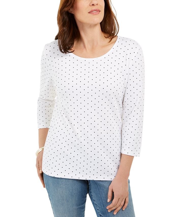 Karen Scott Blusa Feminina Estampada de Bolinhas Branca Tamanho Pequeno Grande