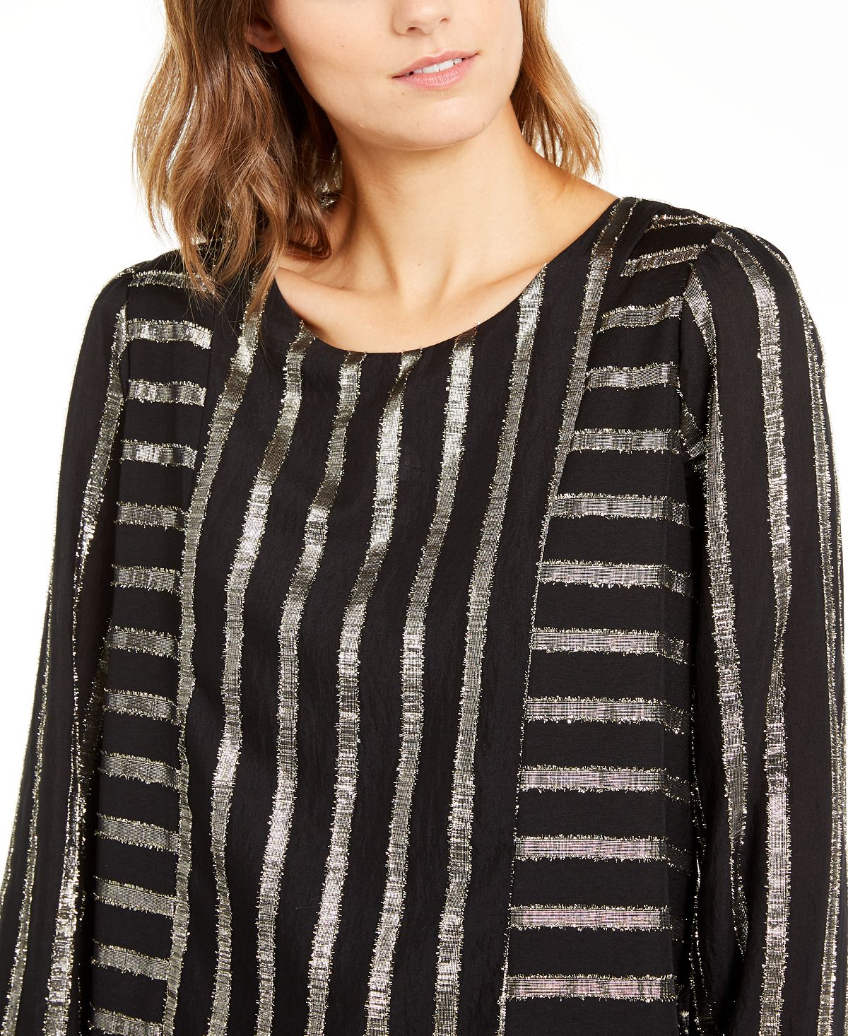 Blusa de malha com gola redonda listrada metálica Alfani feminina, preta, tamanho X-S