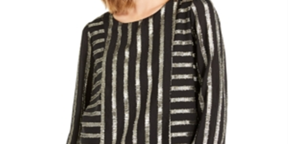 Blusa de malha com gola redonda listrada metálica Alfani feminina, preta, tamanho X-S