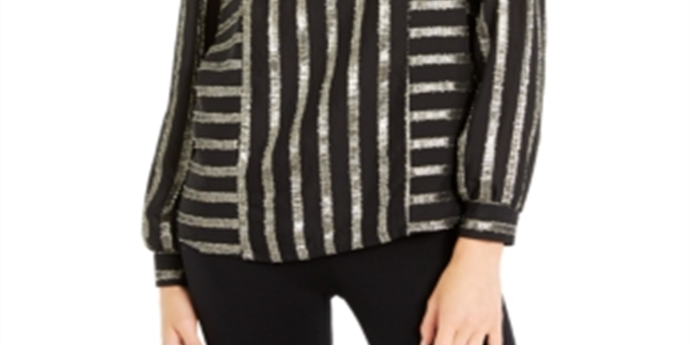 Blusa de malha com gola redonda listrada metálica Alfani feminina, preta, tamanho X-S