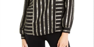 Blusa de malha com gola redonda listrada metálica Alfani feminina, preta, tamanho X-S