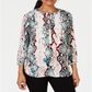 JM Collection Blusa feminina estampada com manga 3/4, verde, tamanho pequeno, médio