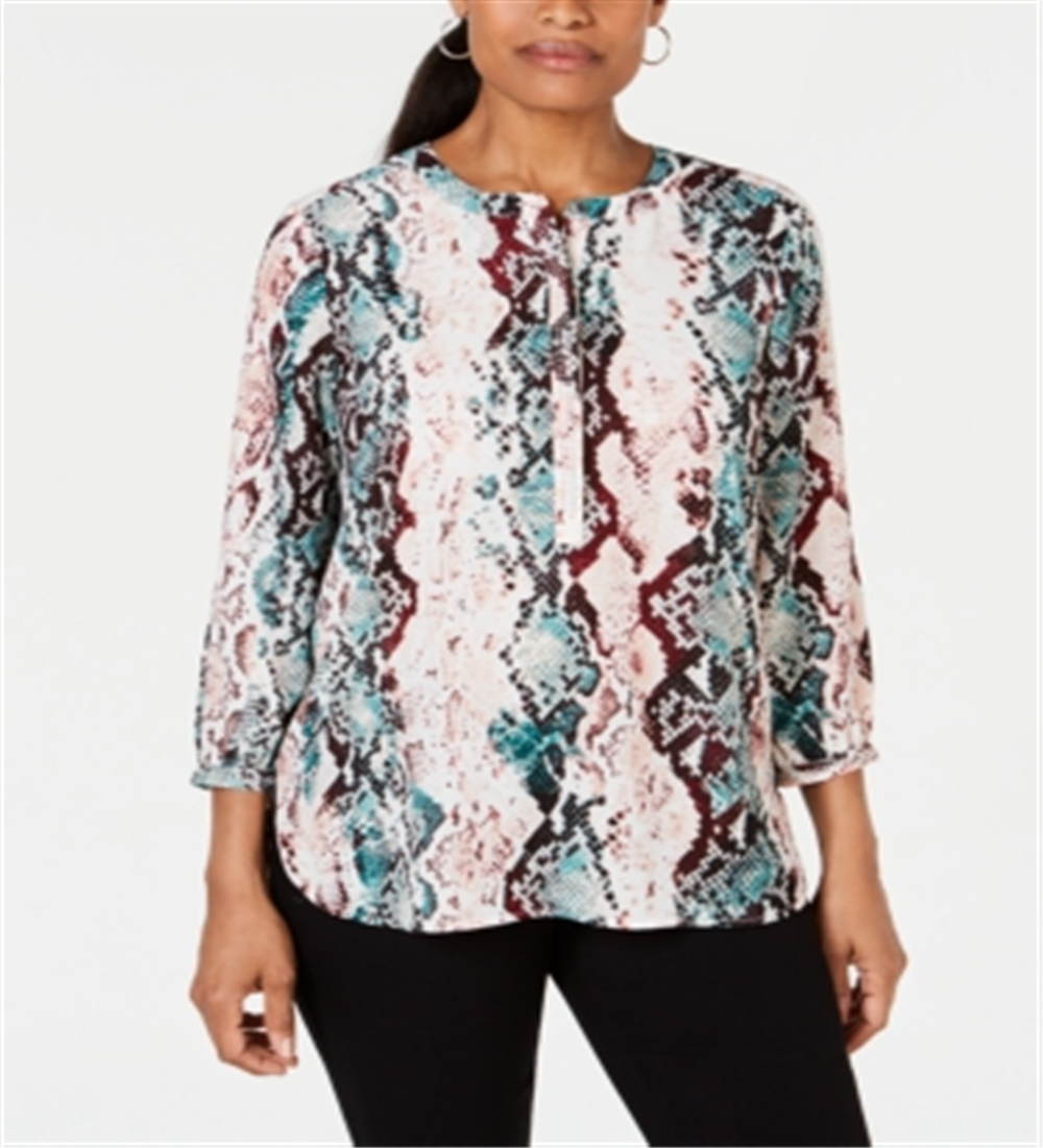 JM Collection Blusa feminina estampada com manga 3/4, verde, tamanho pequeno, médio