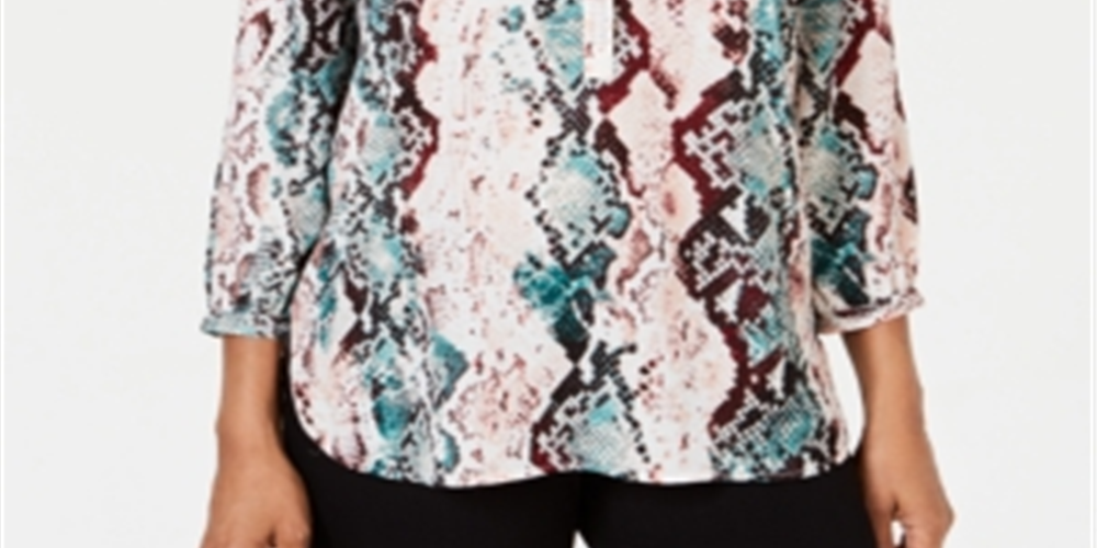 JM Collection Blusa feminina estampada com manga 3/4, verde, tamanho pequeno, médio