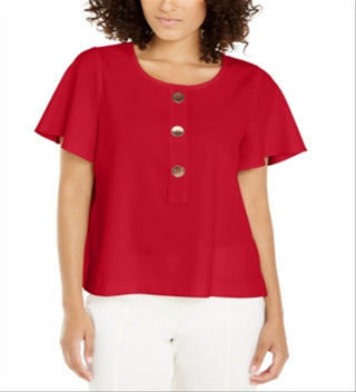 Blusa feminina Alfani com botões frontais e mangas bufantes, vermelha, tamanho pequeno G