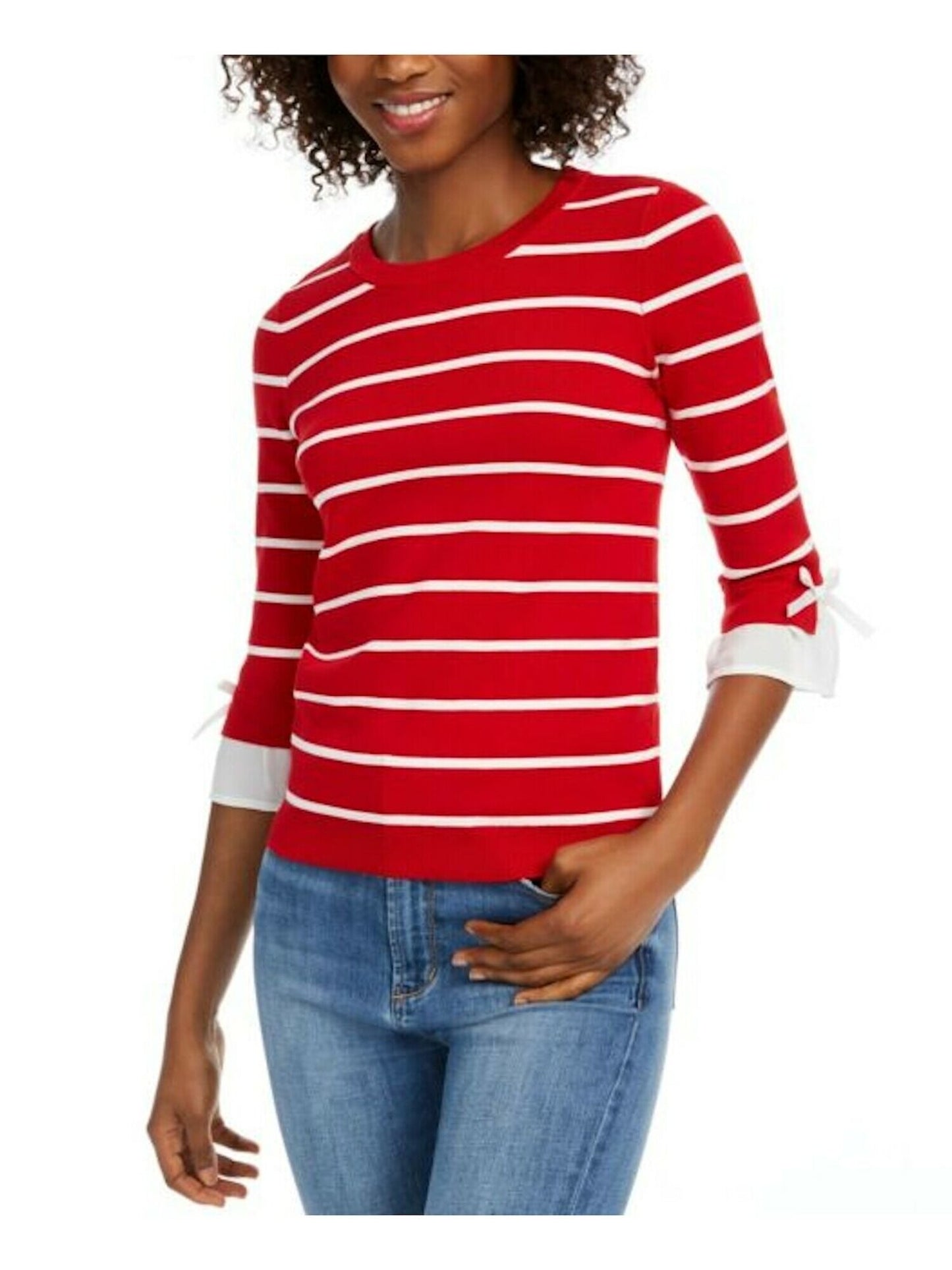 Suéter feminino listrado com manga 3/4 e gola joia Maison Jules, tamanho grande, vermelho