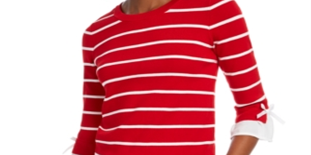 Suéter feminino listrado com manga 3/4 e gola joia Maison Jules, tamanho grande, vermelho