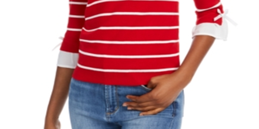 Suéter feminino listrado com manga 3/4 e gola joia Maison Jules, tamanho grande, vermelho