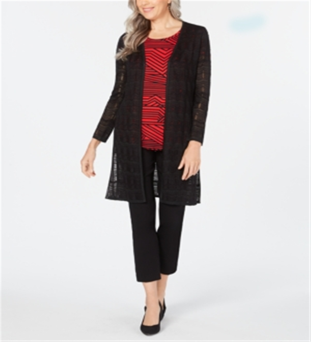Jaqueta Duster Feminina JM Collection de Crochê com Frente Aberta, Preta, Tamanho Pequeno