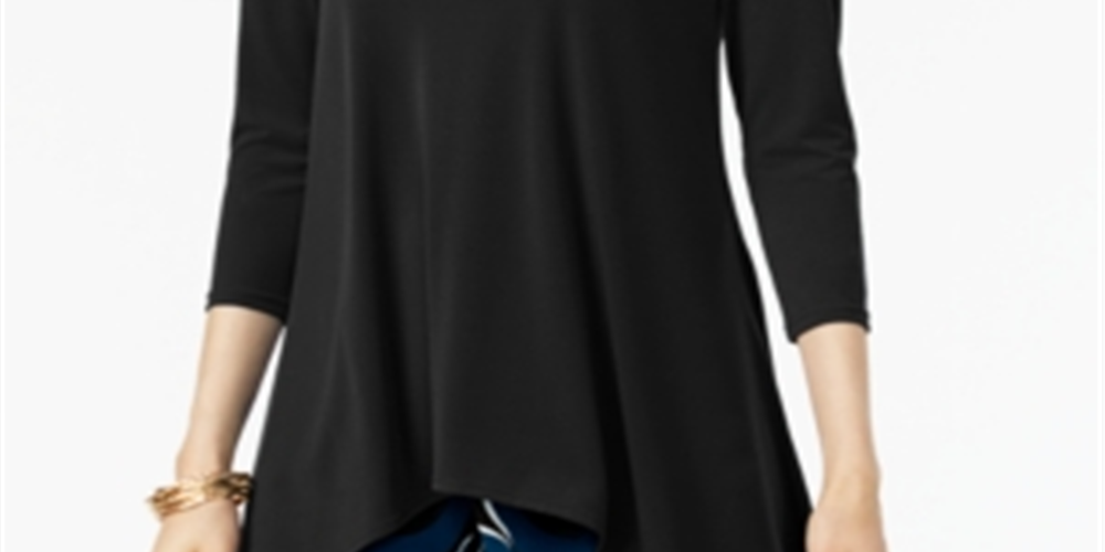 Blusa feminina Alfani com manga 3/4 profunda, preta, tamanho pequeno