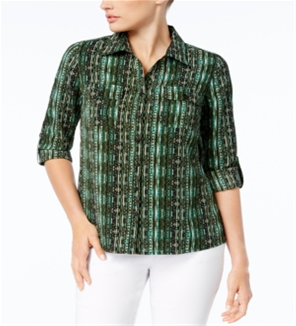 Camisa utilitária estampada feminina NY Collection, verde, tamanho pequeno, G