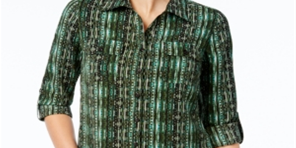 Camisa utilitária estampada feminina NY Collection, verde, tamanho pequeno, G