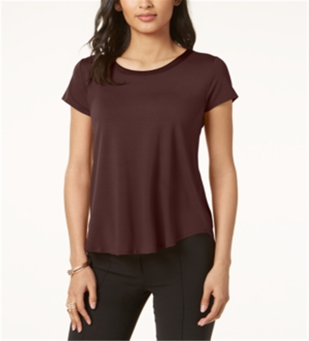 Camiseta feminina Alfani com acabamento em cetim, comprimento alto e baixo, tamanho pequeno, marrom