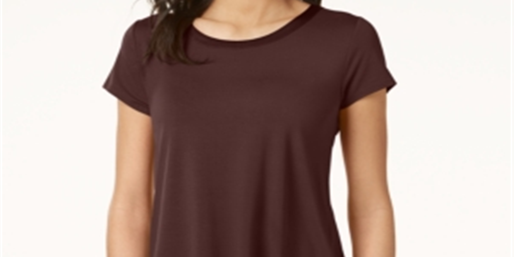 Camiseta feminina Alfani com acabamento em cetim, comprimento alto e baixo, tamanho pequeno, marrom