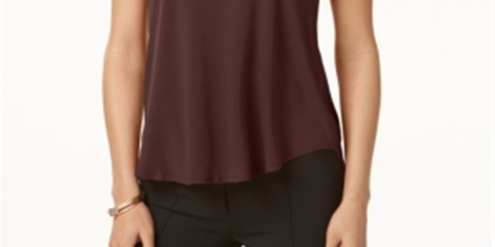 Camiseta feminina Alfani com acabamento em cetim, comprimento alto e baixo, tamanho pequeno, marrom