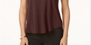 Camiseta feminina Alfani com acabamento em cetim, comprimento alto e baixo, tamanho pequeno, marrom