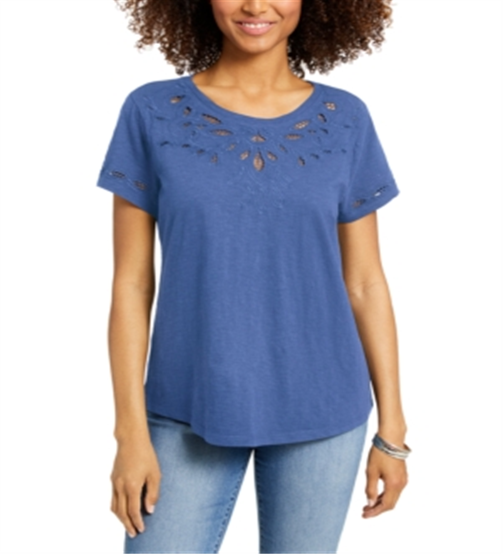 Camiseta feminina de algodão com recorte Charter Club, azul, tamanho X-S