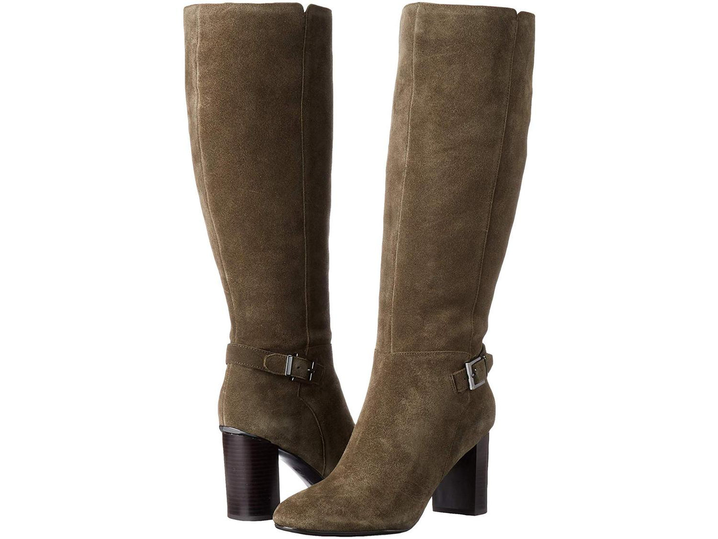 Botas de salto alto de couro Bandolino femininas com fivela e salto alto de metal, biqueira amendoada Bilya, salto bloco com zíper, tamanho 9,5 M