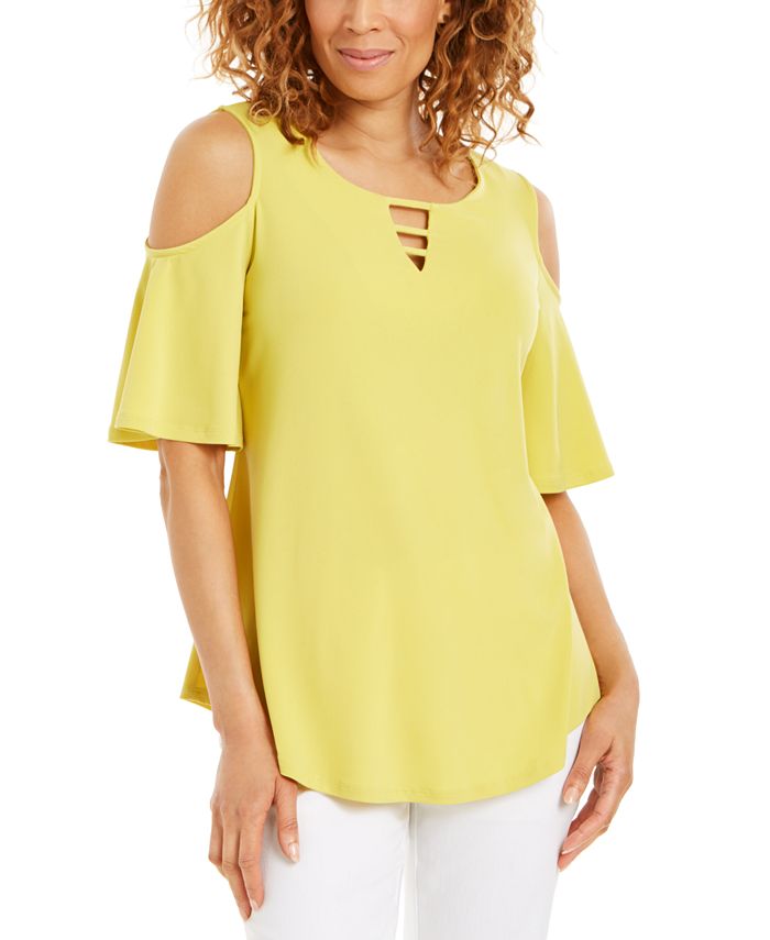 JM Collection Top feminino com recorte e ombros descobertos, amarelo, tamanho XX-G