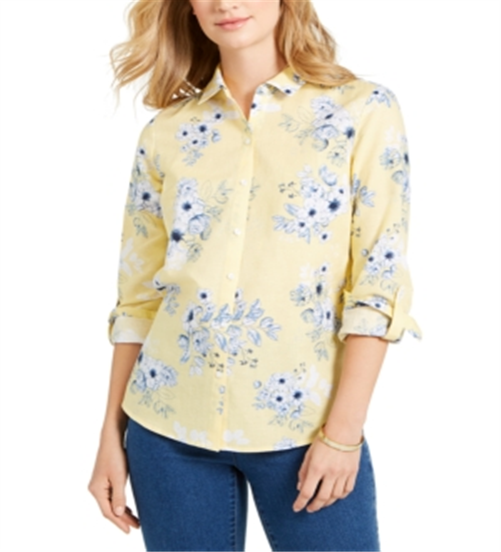 Camisa feminina Charter Club com estampa floral e mistura de linho, amarela, tamanho pequeno