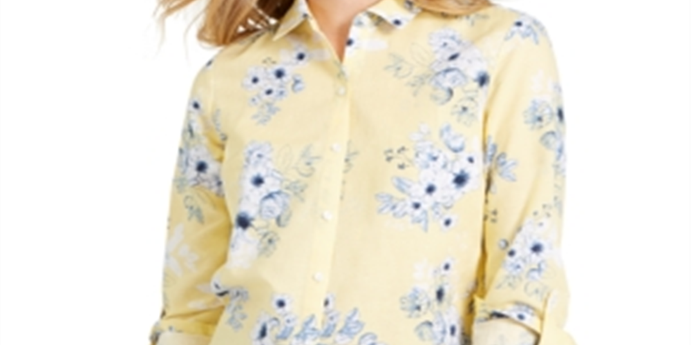 Camisa feminina Charter Club com estampa floral e mistura de linho, amarela, tamanho pequeno