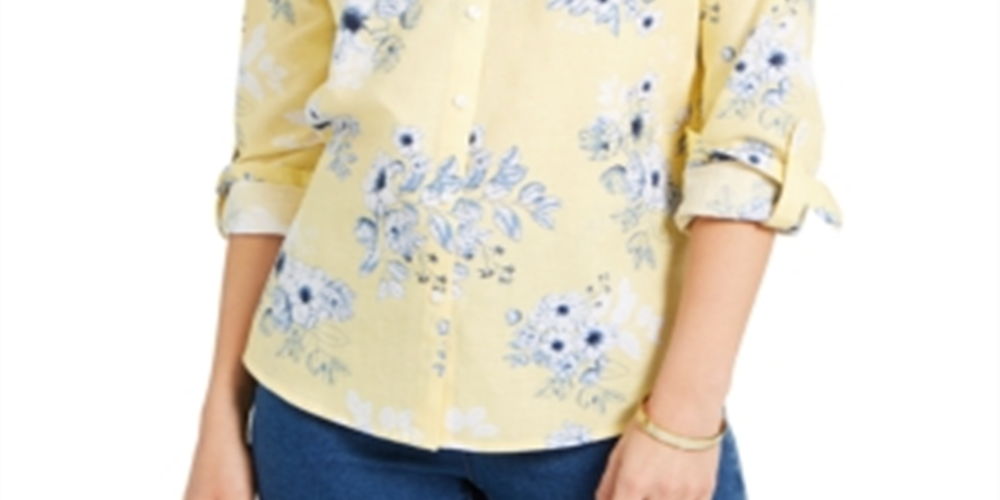Camisa feminina Charter Club com estampa floral e mistura de linho, amarela, tamanho pequeno