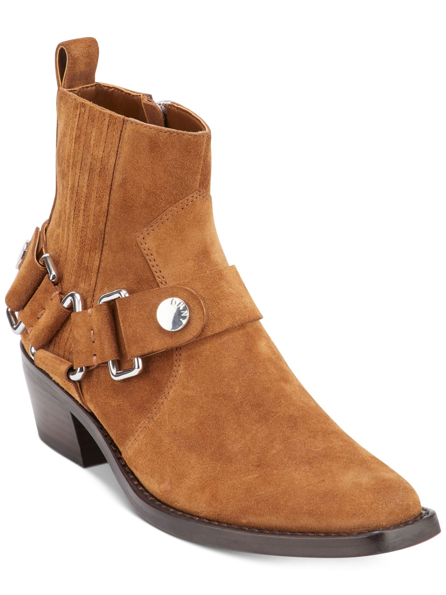 Botas femininas DKNY Mina acolchoadas, bico quadrado, salto bloco, zíper, couro, marrom, tamanho 9 M