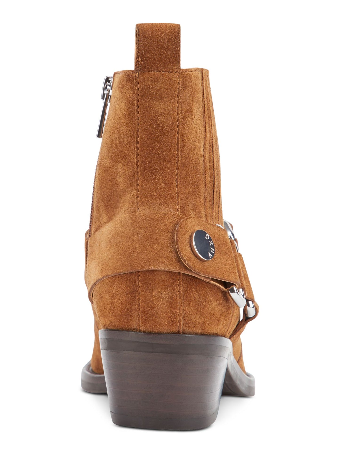 Botas femininas DKNY Mina acolchoadas, bico quadrado, salto bloco, zíper, couro, marrom, tamanho 9 M