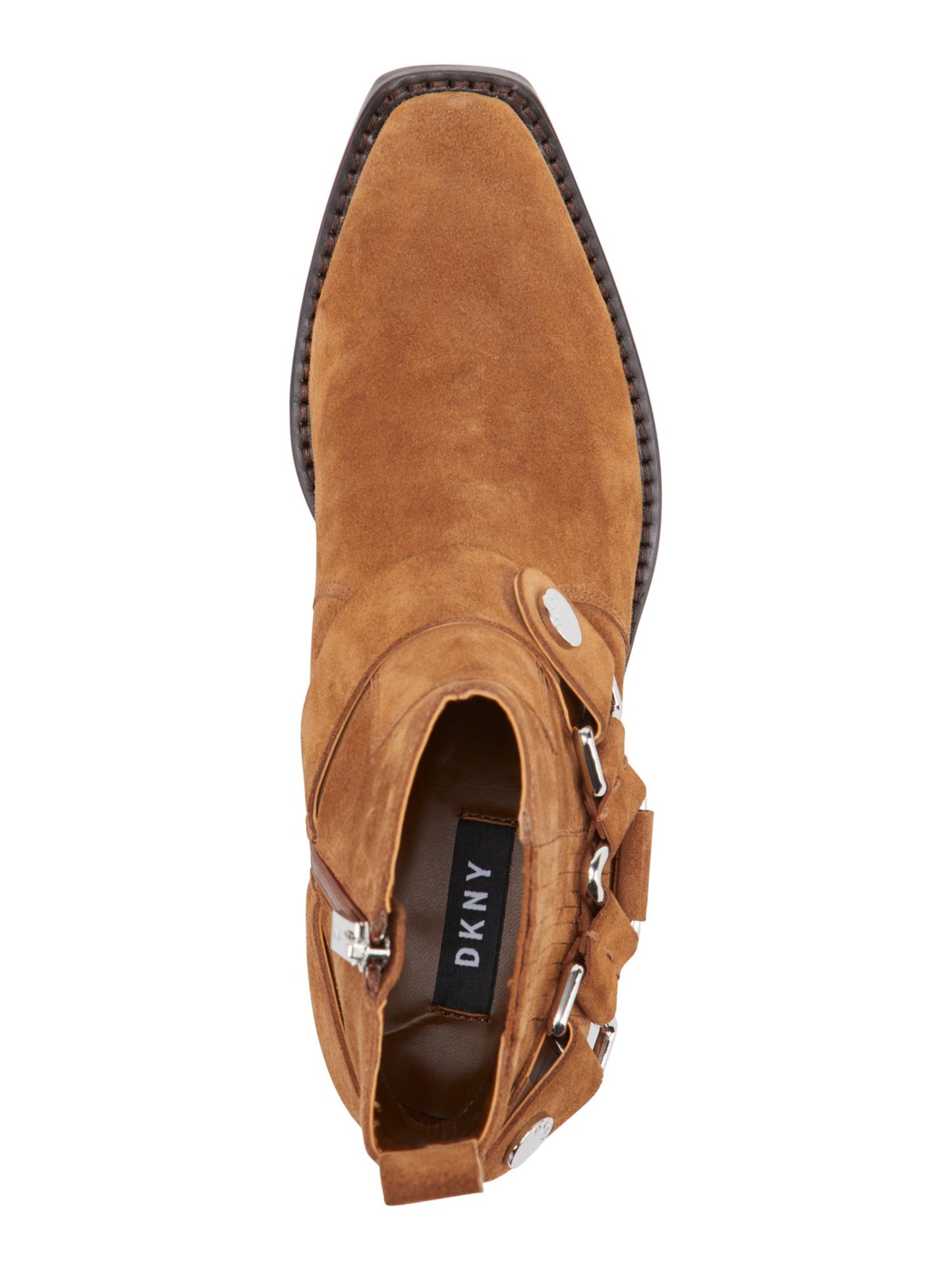 Botas femininas DKNY Mina acolchoadas, bico quadrado, salto bloco, zíper, couro, marrom, tamanho 9 M