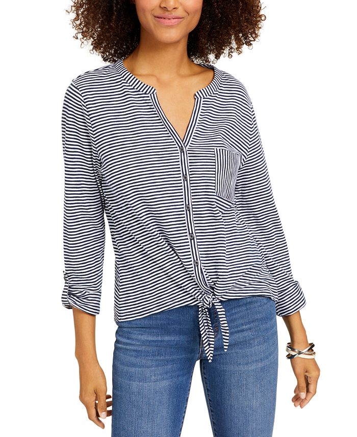 Camisa feminina de algodão listrada com amarração frontal, preta, tamanho pequeno S, da Style &amp; Co