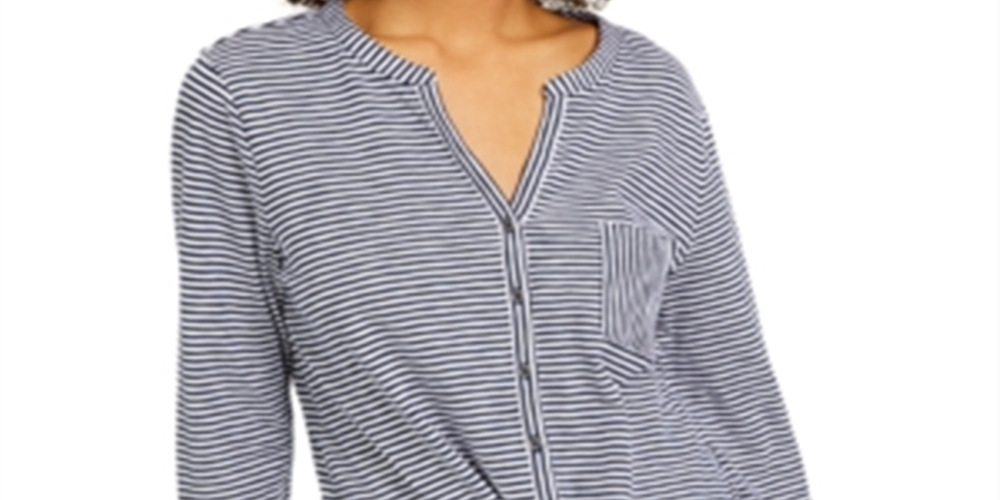 Camisa feminina de algodão listrada com amarração frontal, preta, tamanho pequeno S, da Style &amp; Co
