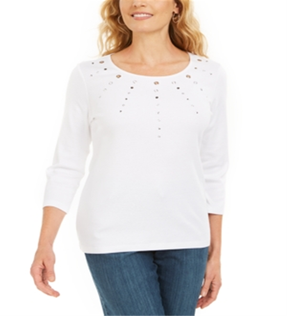 Karen Scott Top Feminino de Algodão com Ilhós e Enfeites Branco Tamanho X-S