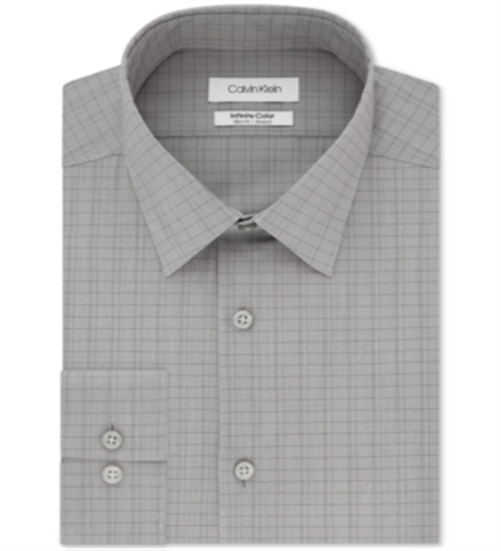 Camisa social masculina Calvin Klein Infinite Color Slim Fit, sem passar, com estampa xadrez elástica, tamanho cinza, 18x34x35