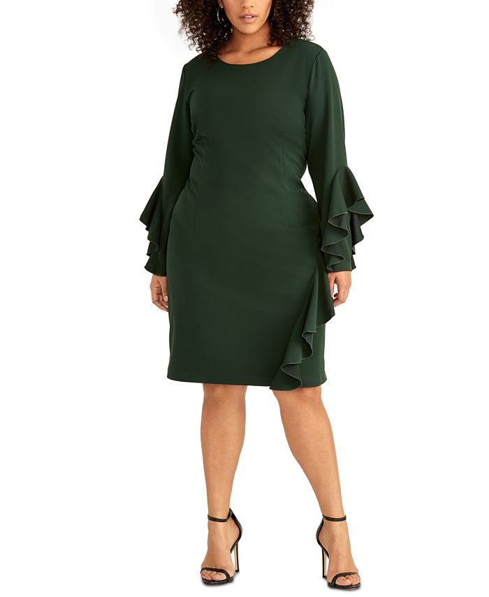 Vestido de coquetel feminino Rachel Roy com babados, manga sino, decote joia, comprimento até o joelho, verde, tamanho 18W