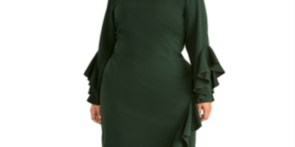 Vestido de coquetel feminino Rachel Roy com babados, manga sino, decote joia, comprimento até o joelho, verde, tamanho 18W