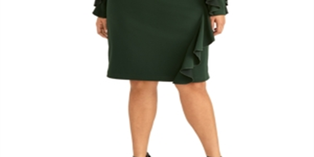 Vestido de coquetel feminino Rachel Roy com babados, manga sino, decote joia, comprimento até o joelho, verde, tamanho 18W