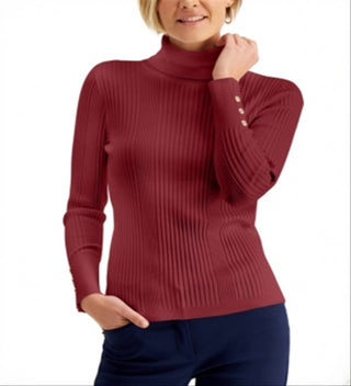 JM Collection Suéter feminino canelado gola alta vermelho tamanho médio